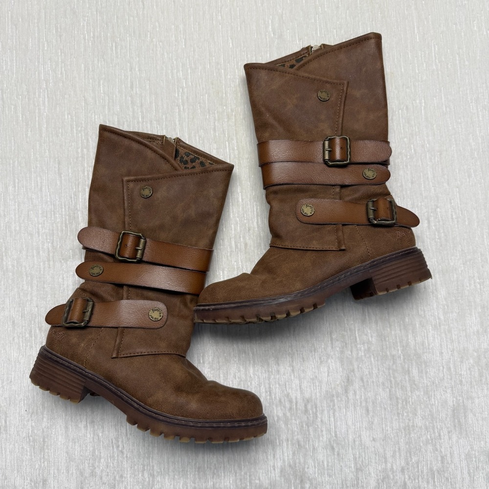 Blowfish Malibu Vegan Leather Boots Women US 6 Brown Combat Mid Calf Buckles
